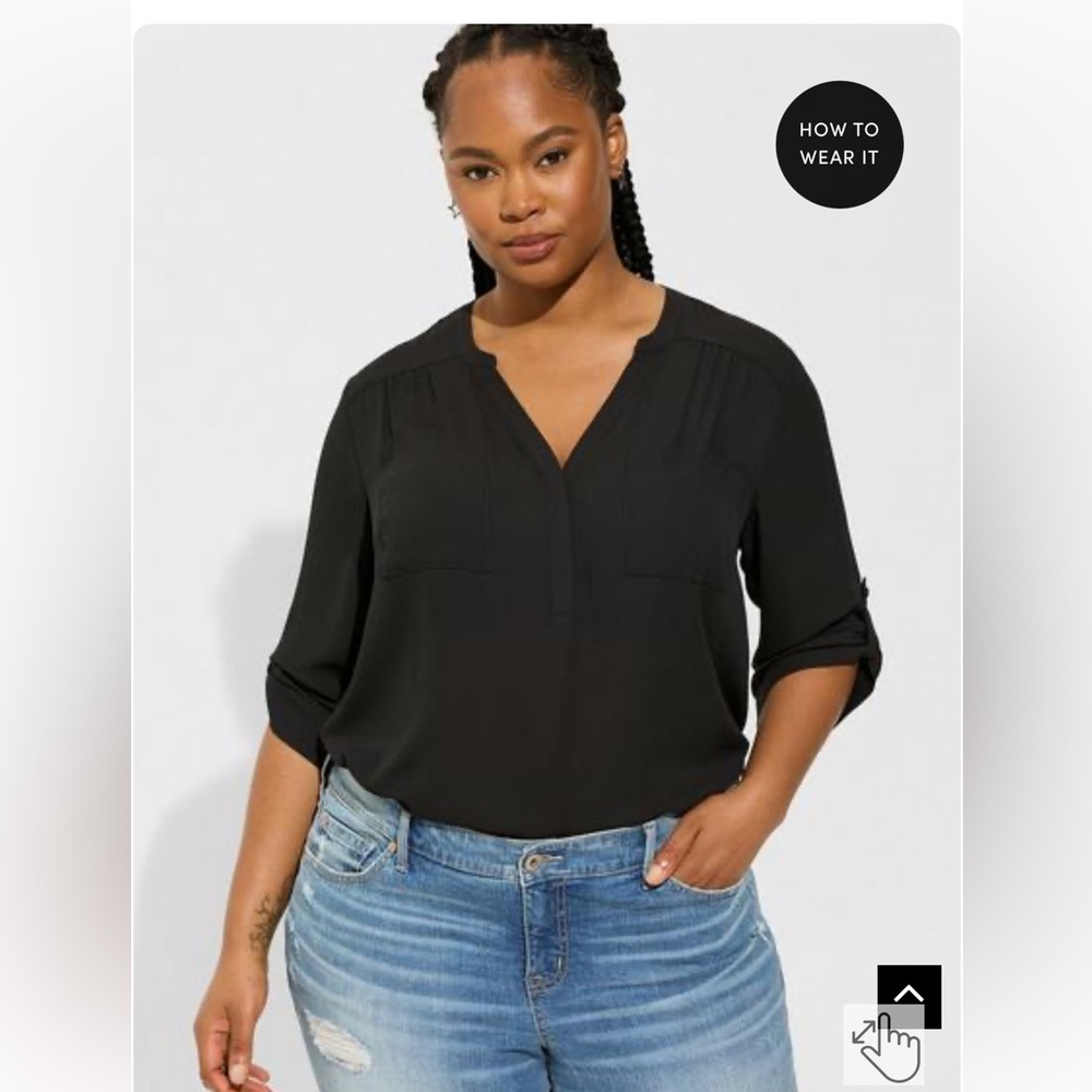 Torrid Harper Blouse Roll Tab Sleeve Women's Top, Black, Size 3